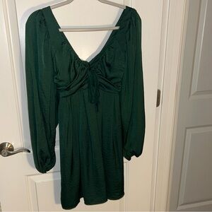 Lulu's Deep Dark Green Long Sleeve Tie Satin Dress